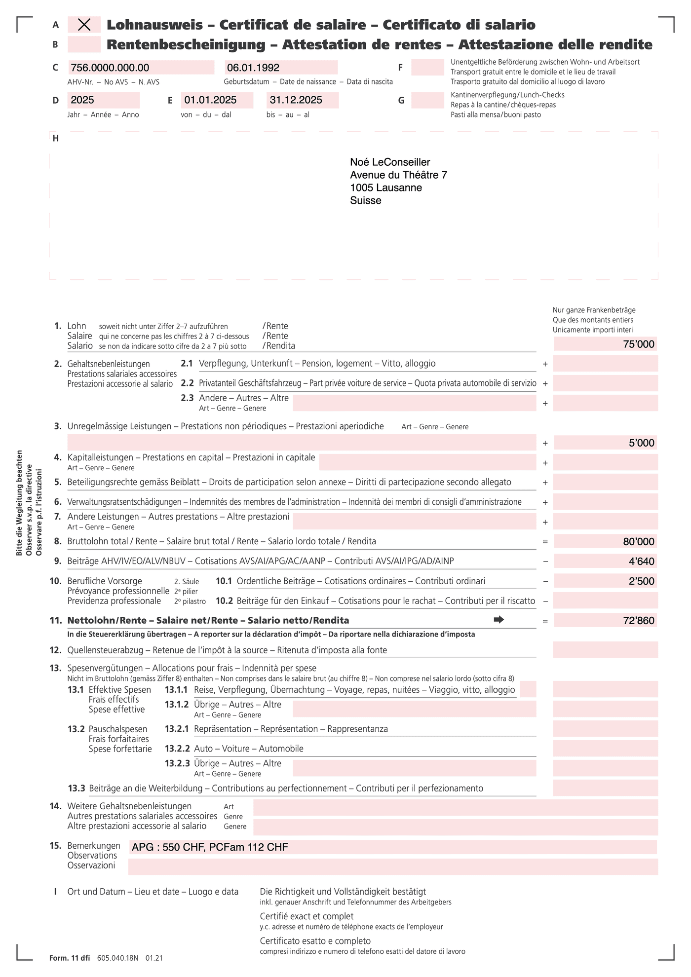 Sample Swiss salary certificate (certificat de salaire / Lohnausweis) for a fictional filer