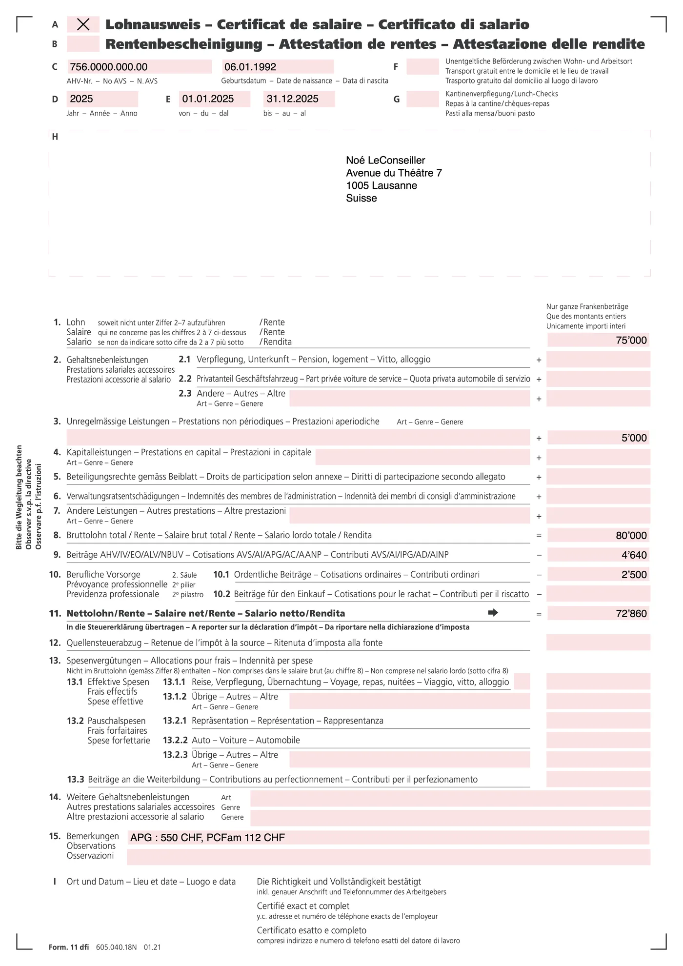 Beispiel eines Schweizer Lohnausweises (certificat de salaire)
