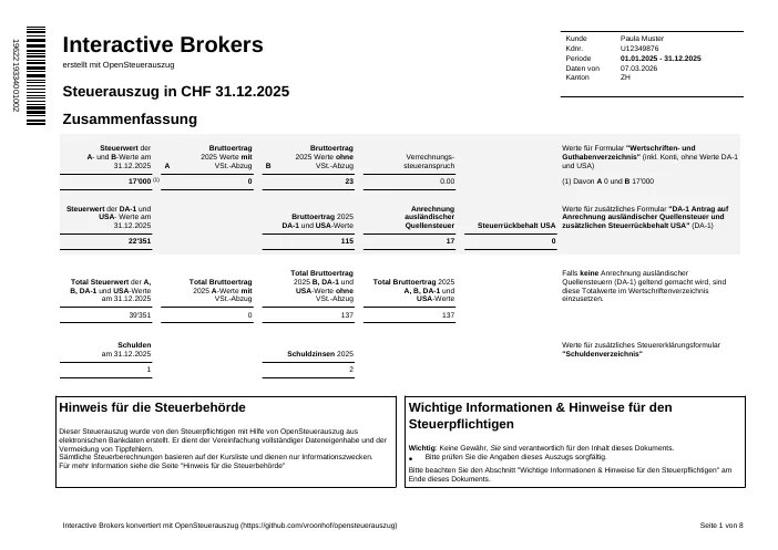 Example of a Swiss electronic tax statement for securities