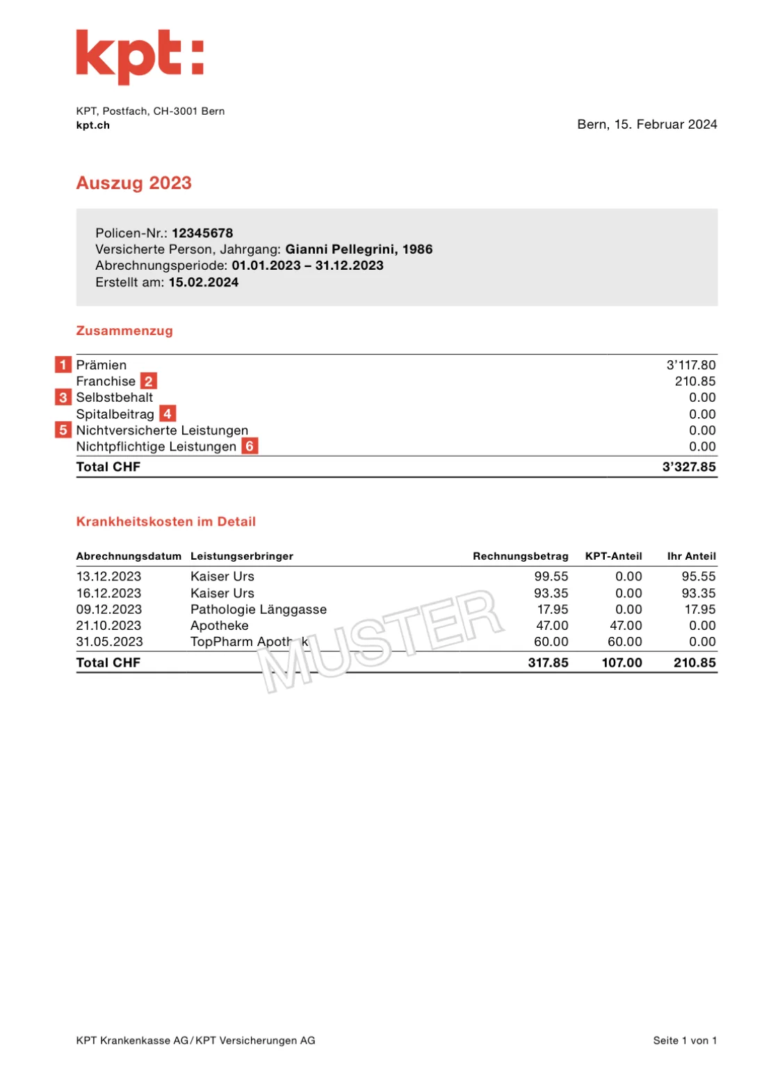 Example of a Health insurance premium statement