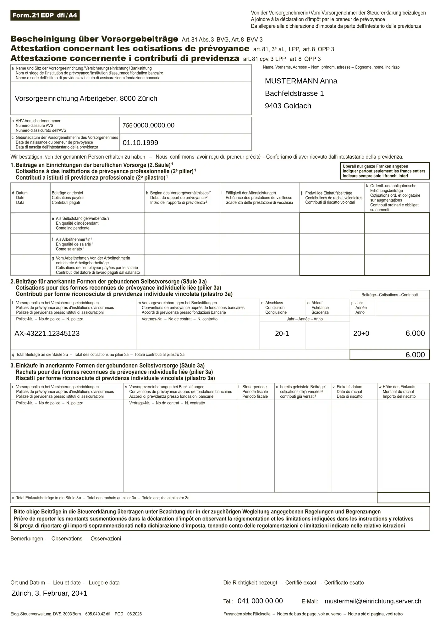 Example of a Pillar 3a certificate